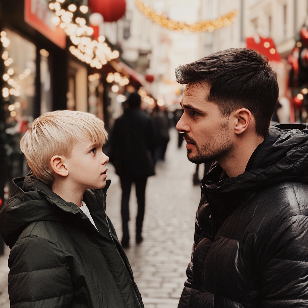 Ein ernster Mann im Gespräch mit einem Jungen | Quelle: Midjourney