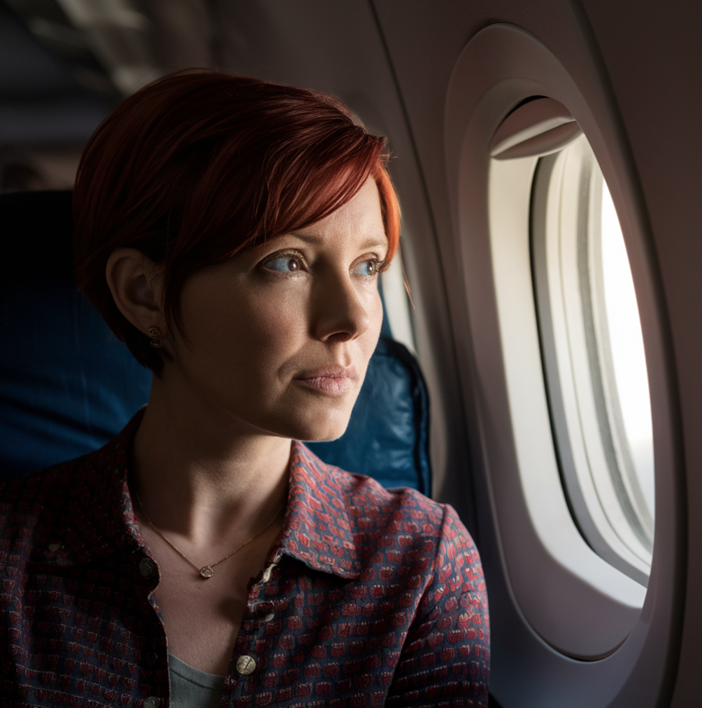 Eine Frau, die nachdenklich aus dem Fenster eines Flugzeugs schaut | Quelle: Midjourney