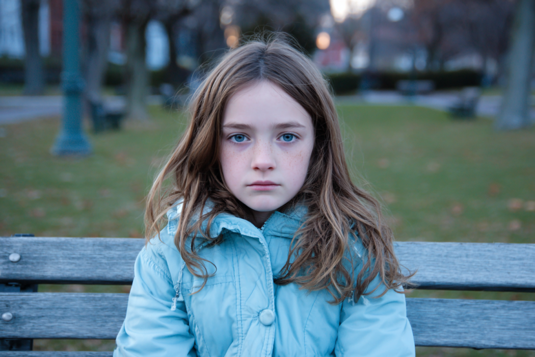 Ein trauriges Mädchen sitzt allein in einem Park | Quelle: Midjourney