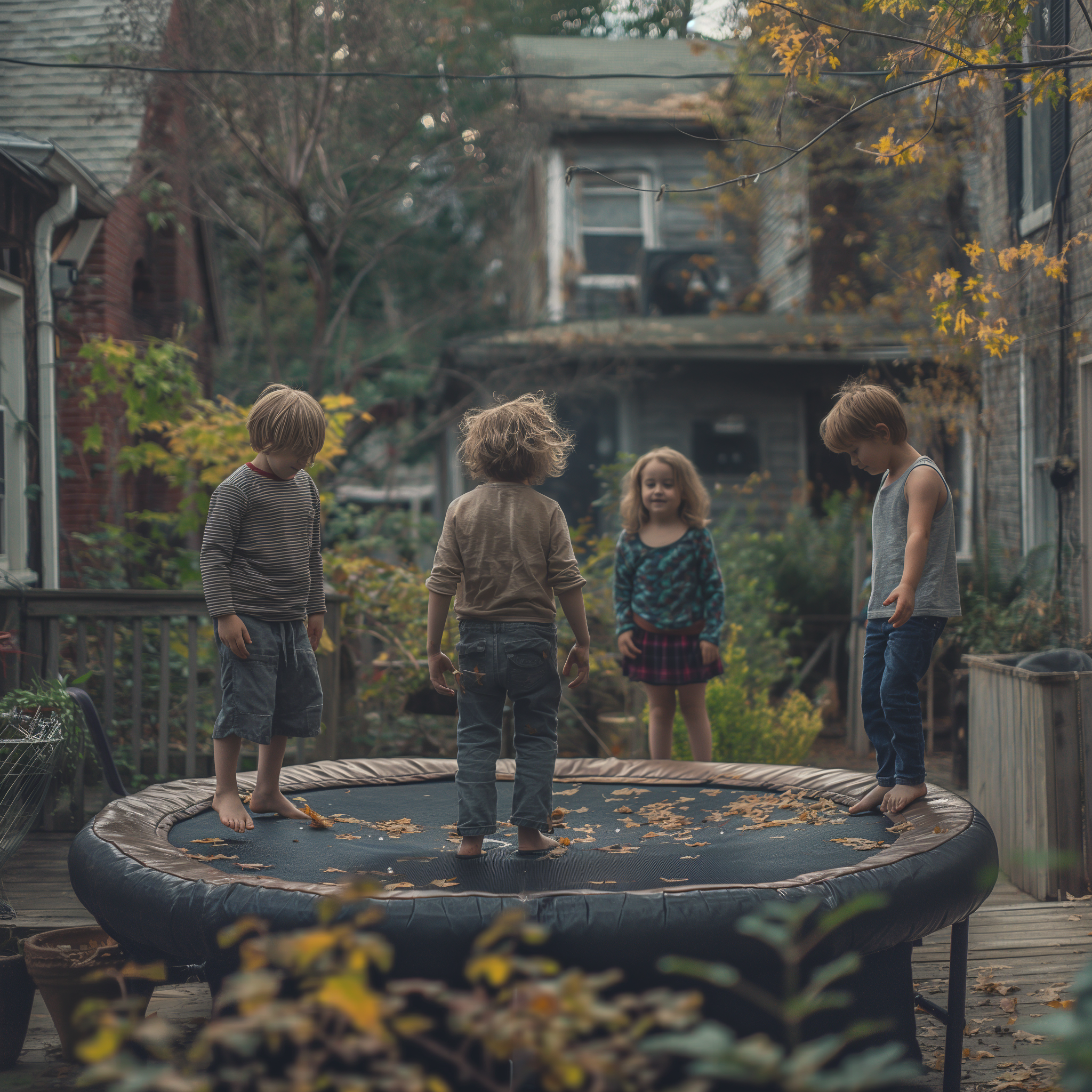 Glückliche Kinder spielen auf einem Trampolin in einem Hinterhof | Quelle: Midjourney