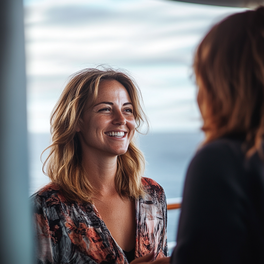 Uma mulher sorridente conversando com sua enteada | Fonte: Midjourney