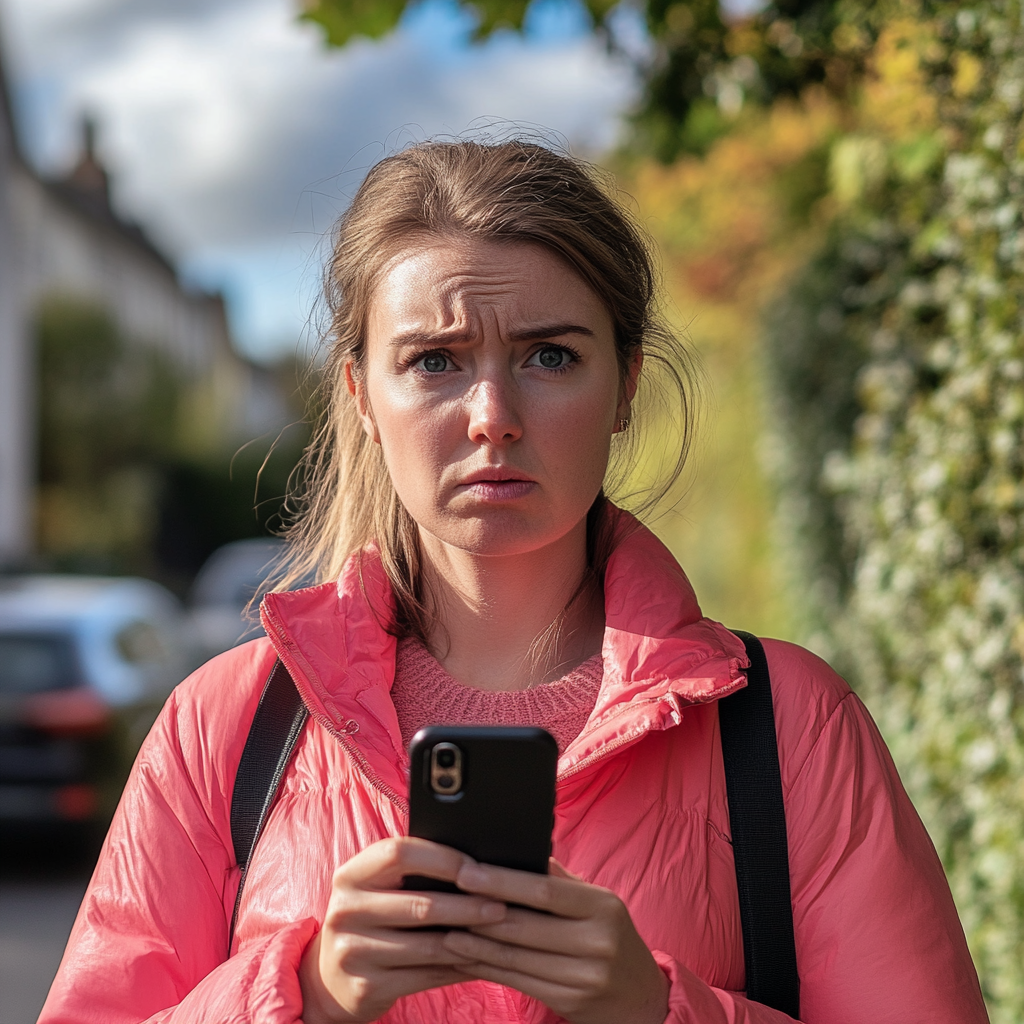 Eine Frau, die ein Telefon hält und die Stirn runzelt | Quelle: Midjourney