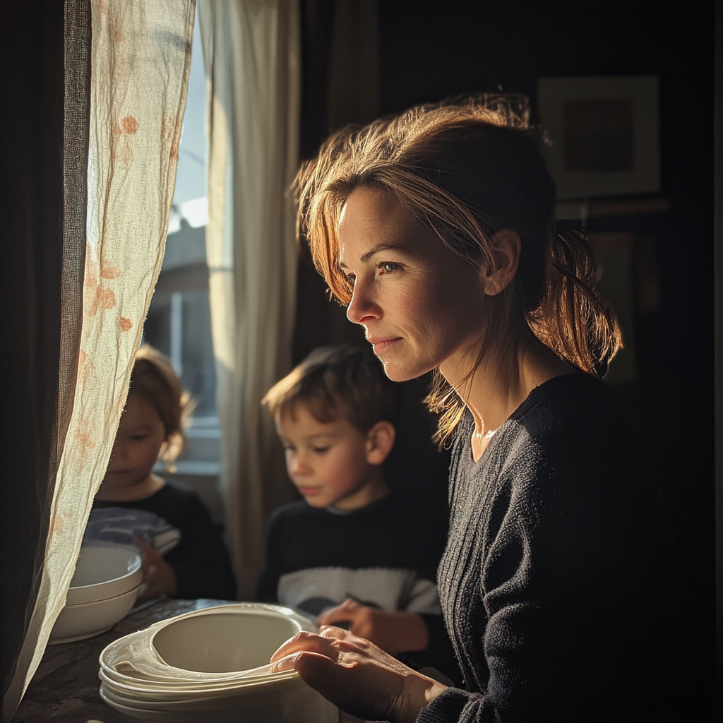 Eine Mutter wäscht das Geschirr ab, während ihre Kinder im Hintergrund spielen | Quelle: Midjourney