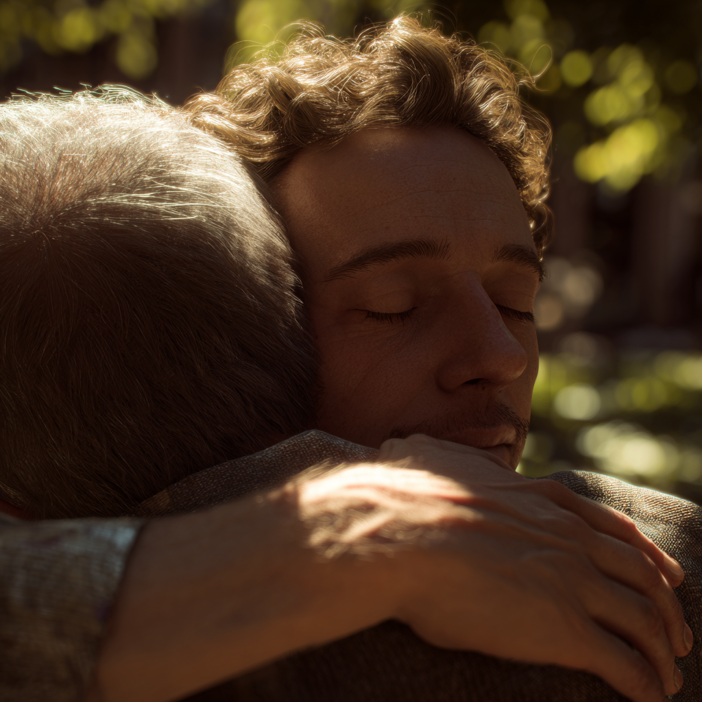 Ein junger Mann, der seinen Vater umarmt | Quelle: Midjourney