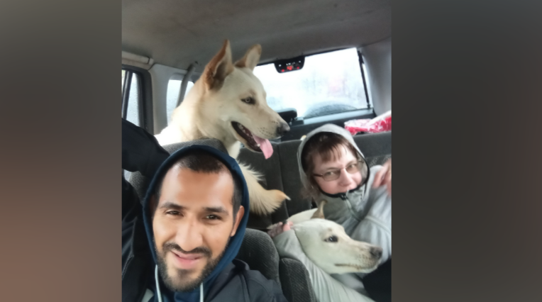 Auf einem undatierten Foto sitzen Daveigh Chase und Roy Hernandez mit zwei Hunden in einem Auto, bevor Verwandte von den Schwierigkeiten berichteten, mit denen sie angeblich während ihres Aufenthalts in Los Angeles zu kämpfen hatten. | Quelle: GoFundMe