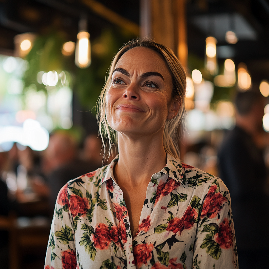 Eine Frau wird von ihren Gefühlen überwältigt, während sie in einem Restaurant steht | Quelle: Midjourney