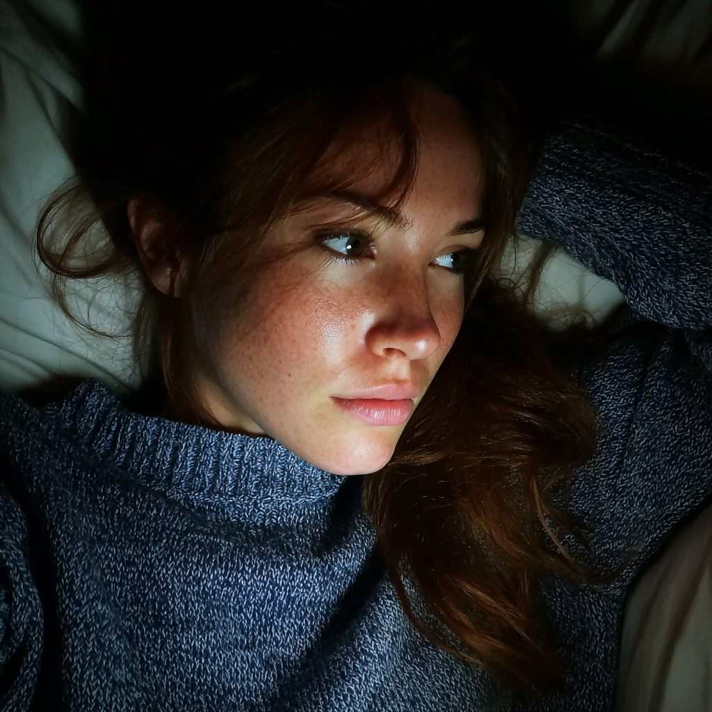Eine nachdenkliche Frau liegt in ihrem Bett | Quelle: Midjourney