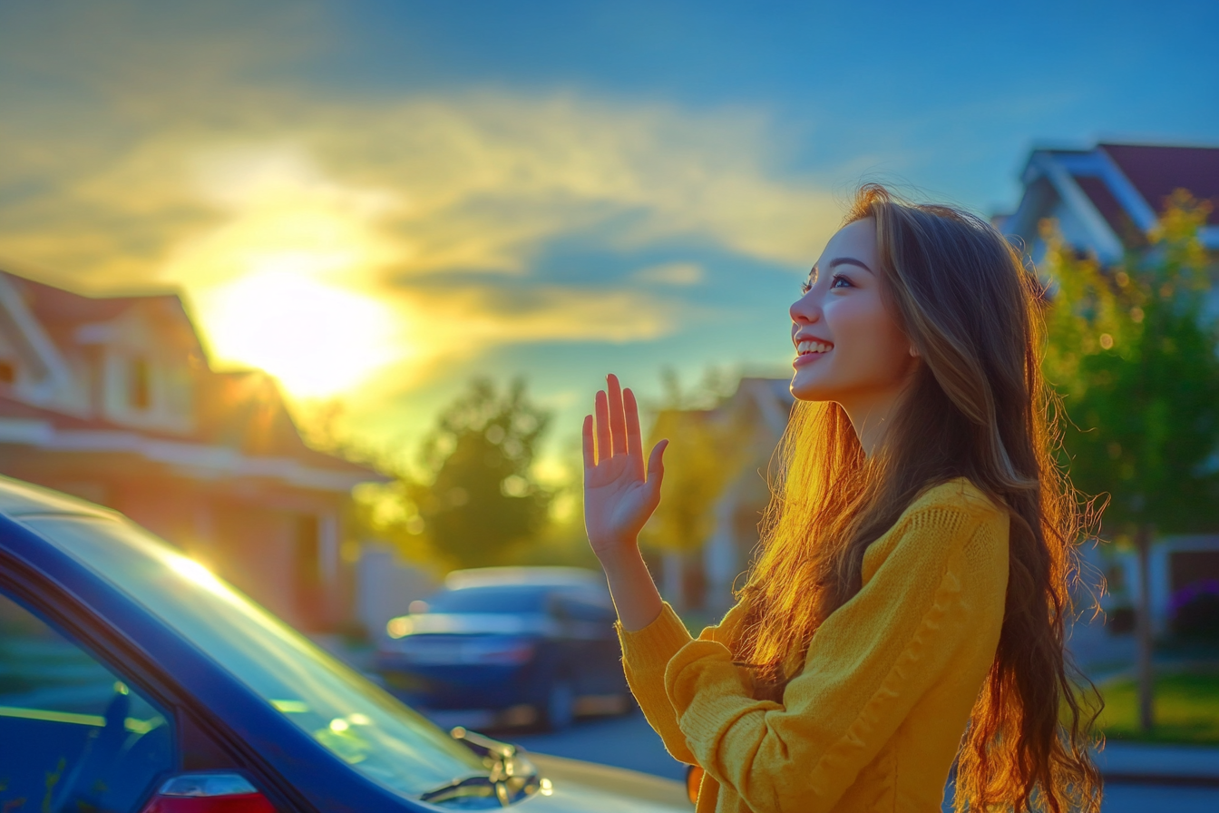 Eine Frau steht neben ihrem Auto und winkt mit der Hand | Quelle: Midjourney