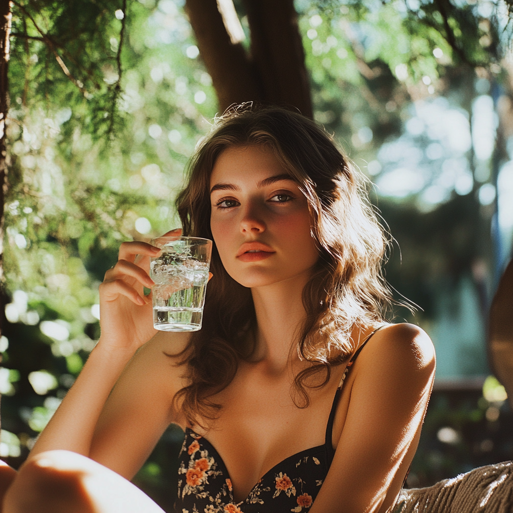 Frau hält ein Glas Wasser | Quelle: Midjourney