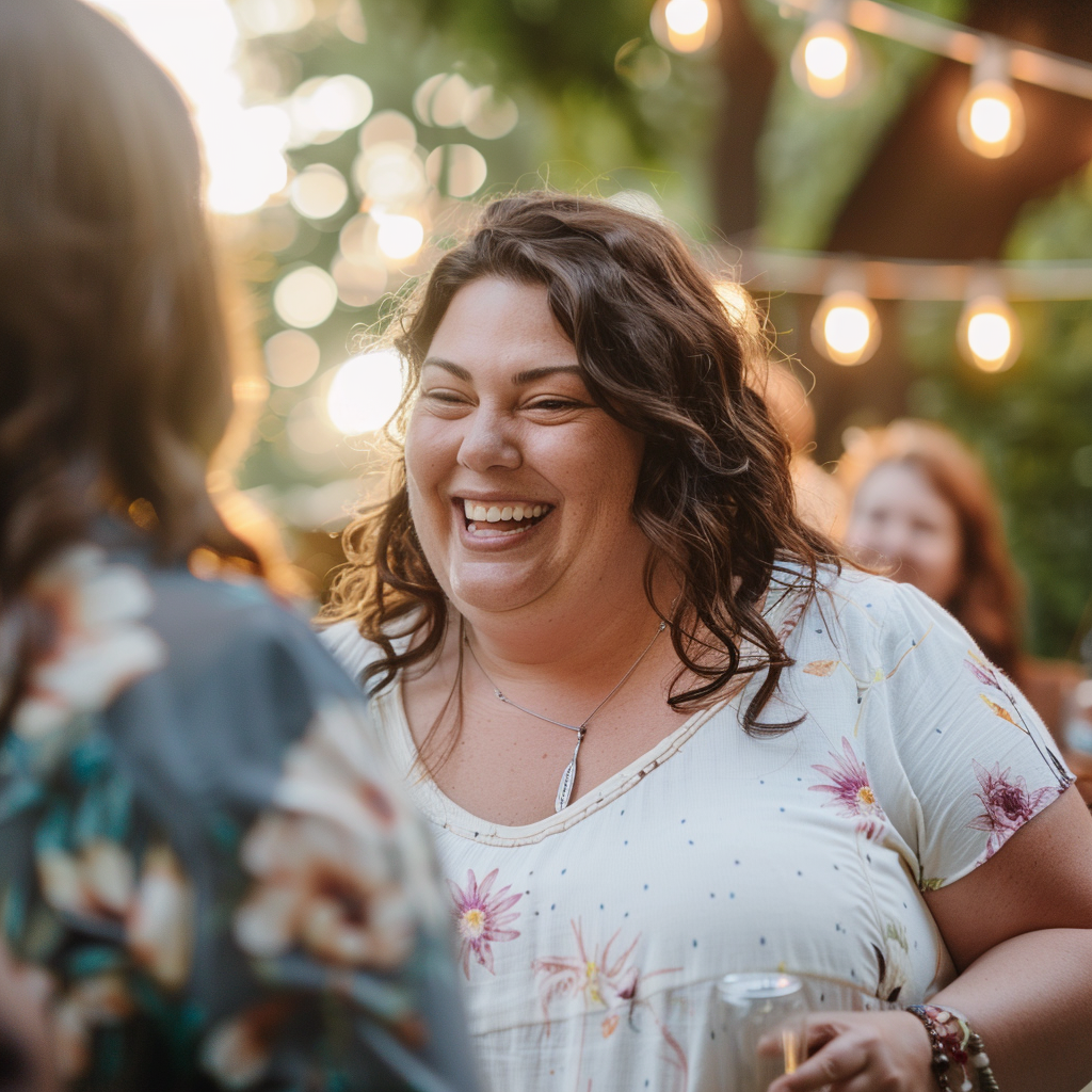 Eine glückliche Frau unter den Partygästen | Quelle: Midjourney