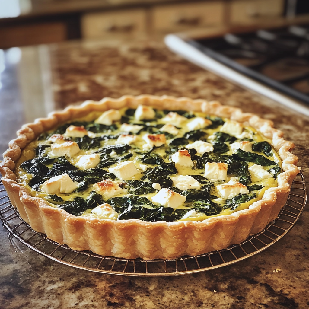 Eine Quiche mit Spinat und Feta auf einer Küchentheke | Quelle: Midjourney