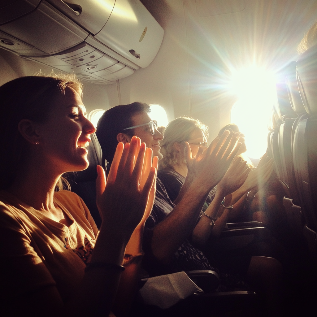 Applaudierende Menschen auf einem Flug | Quelle: Midjourney