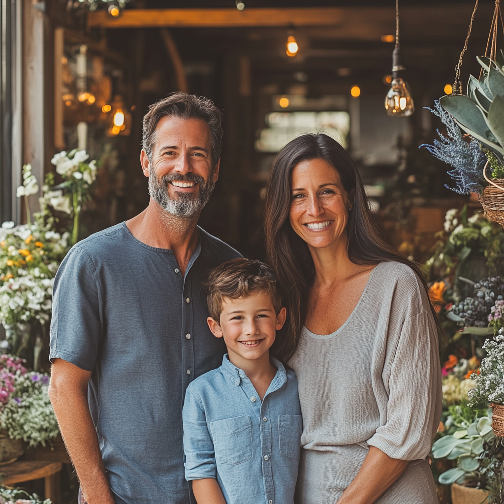 Eine lächelnde Familie in einem Blumenladen | Quelle: Midjourney