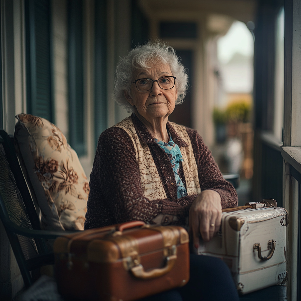 Eine ältere Frau, die mit gepackten Koffern auf der Veranda sitzt | Quelle: Midjourney