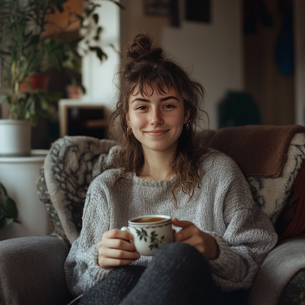 Eine lächelnde Frau mit einer Tasse Tee in der Hand | Quelle: Midjourney