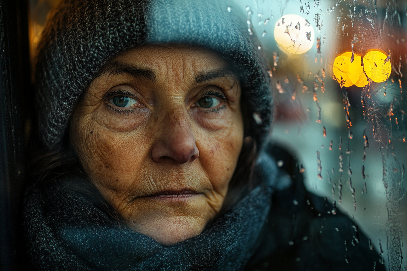 Eine obdachlose Frau sitzt in einem Buswartehäuschen | Quelle: Midjourney