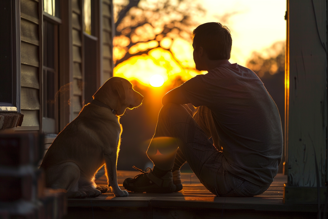 Ein Mann sitzt mit seinem Hund auf einer Veranda | Quelle: Midjourney