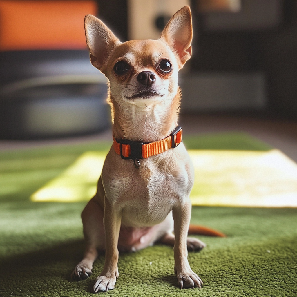 Ein Hund sitzt auf einem grünen Teppich | Quelle: Midjourney