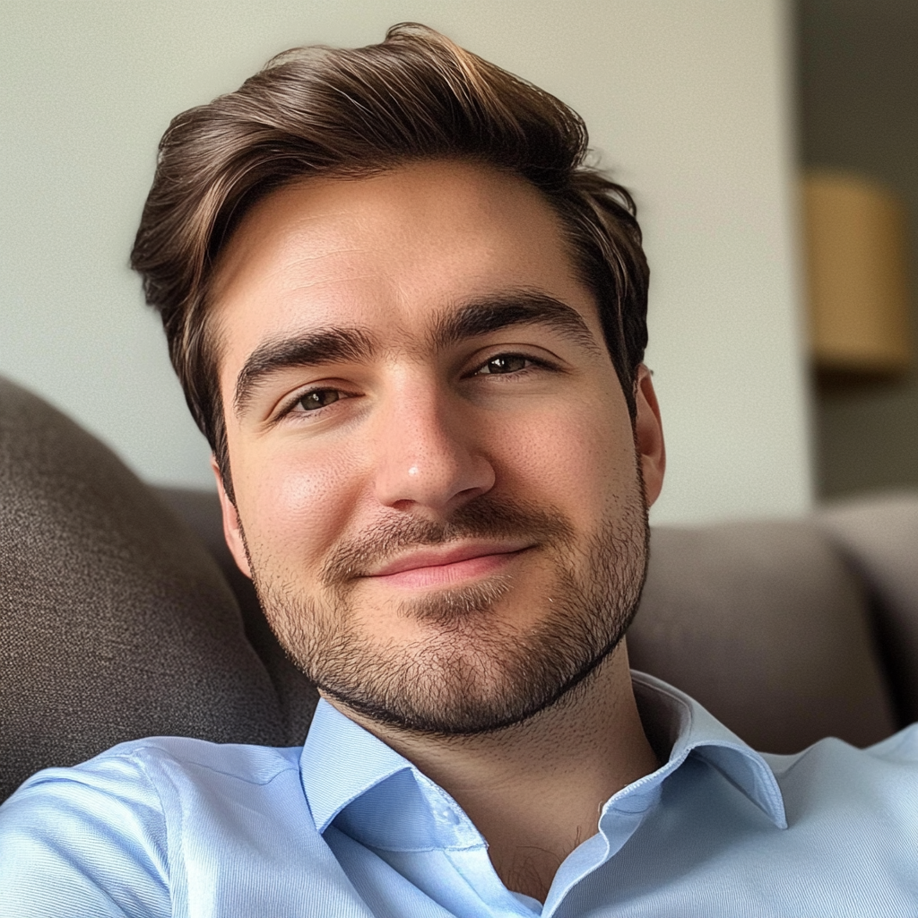 Ein lächelnder Mann, der auf einer Couch sitzt | Quelle: Midjourney