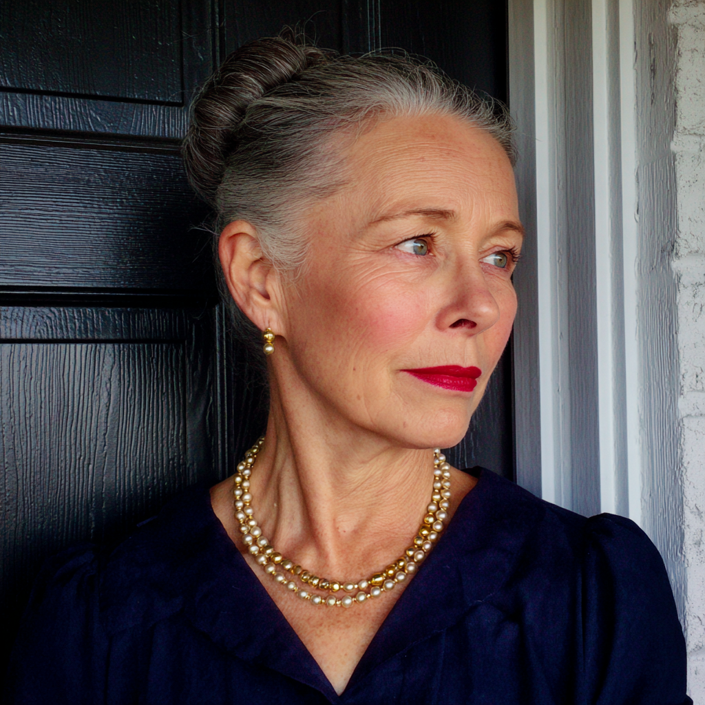 Eine ältere Frau, die an der Haustür steht | Quelle: Midjourney