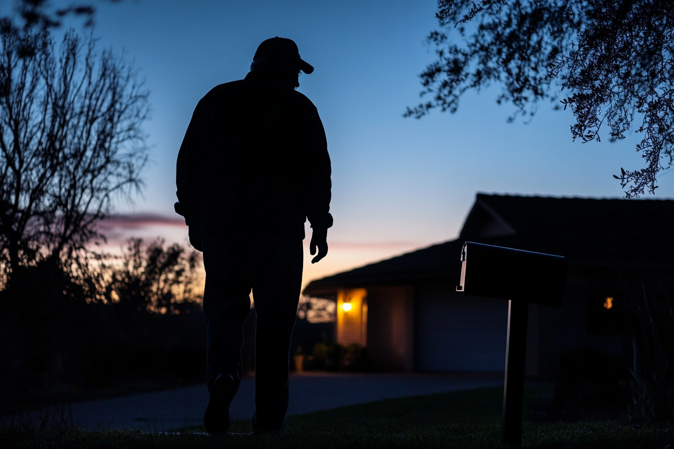 Silhouette eines Mannes, der sich einem Briefkasten vor einem Haus bei Nacht nähert | Quelle: Midjourney