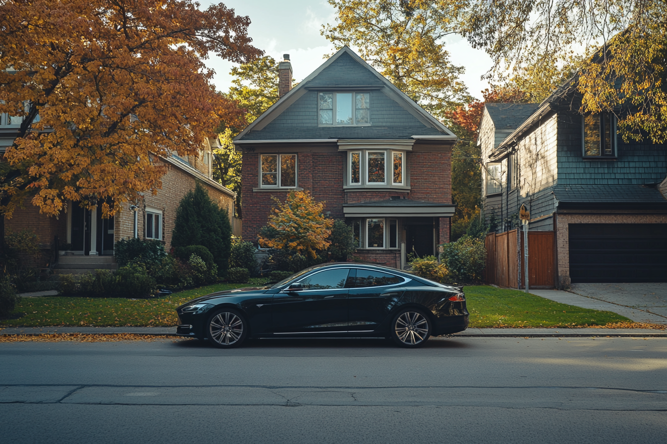 Ein Auto, das vor einem Haus in einem Vorort geparkt ist | Quelle: Midjourney