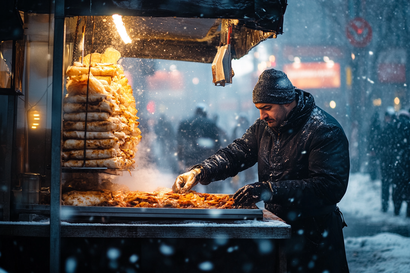 Ein Schawarma-Stand mit einem Verkäufer, der an einem kalten, verschneiten und windigen Tag arbeitet | Quelle: Midjourney