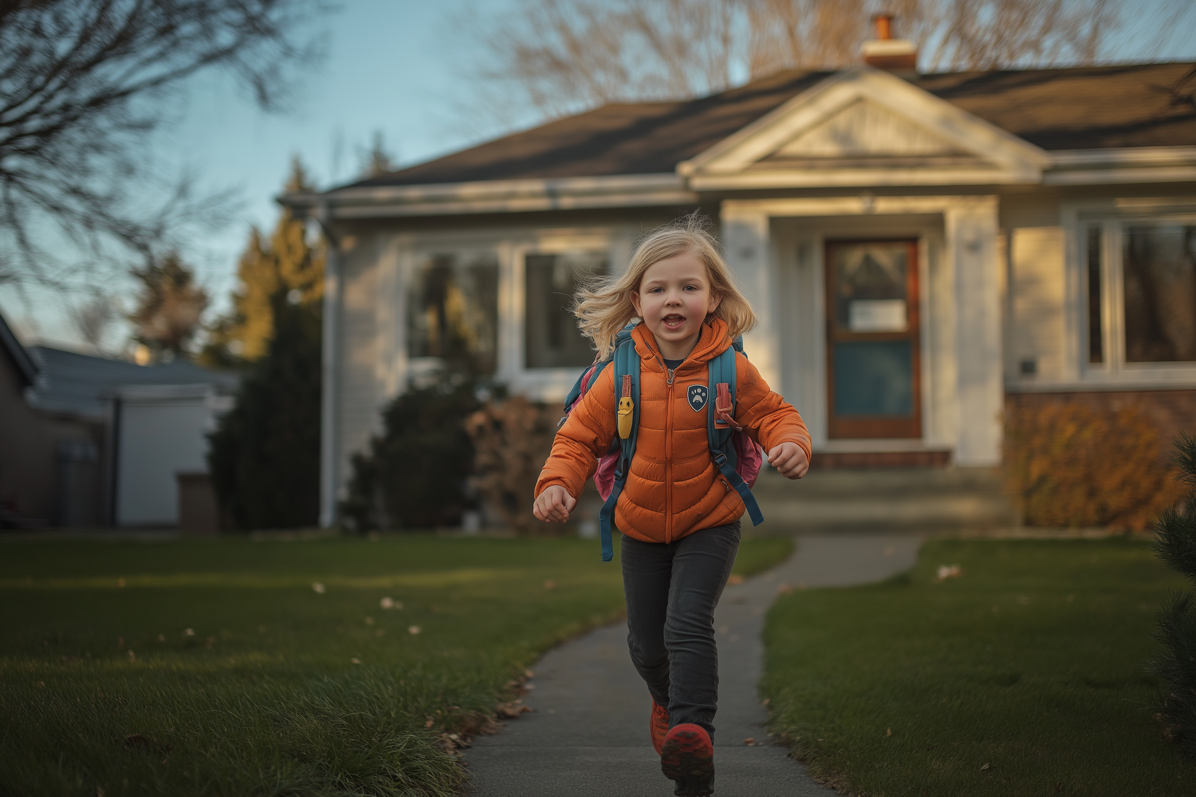 Kleines blondes Mädchen, das mit einem Paw Patrol Rucksack durch den Vorgarten rennt | Quelle: Midjourney