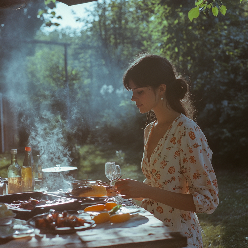 Eine Frau deckt den Tisch bei einer Grillparty | Quelle: Midjourney