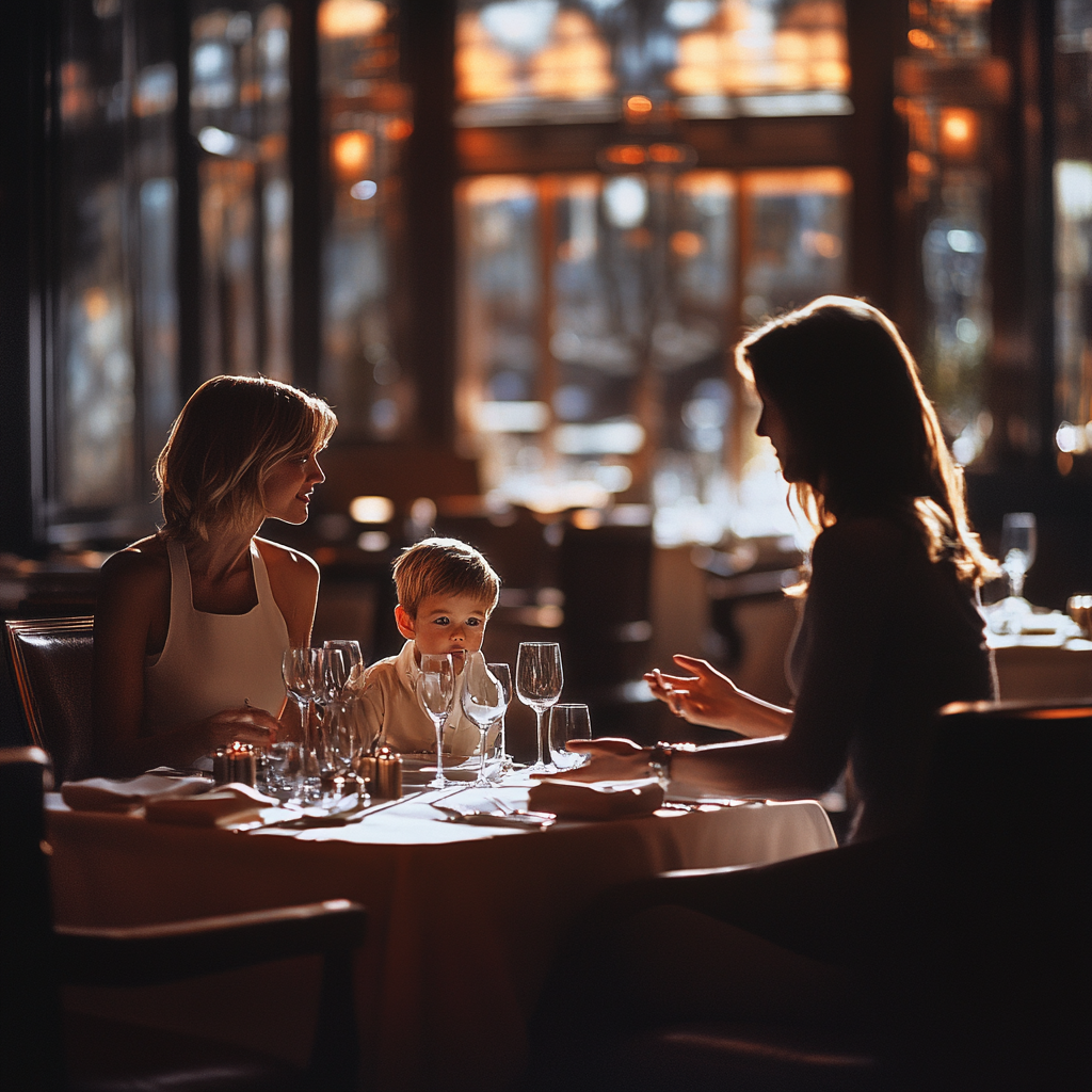 Gastgeberin im Gespräch mit Mutter und Sohn in einem Restaurant | Quelle: Midjourney