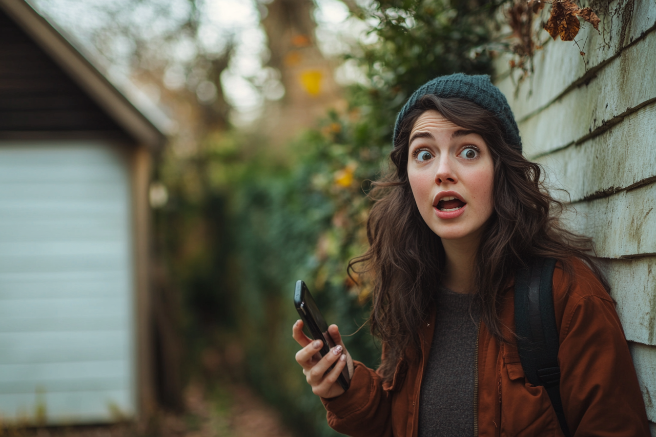 Eine Frau hält ein Telefon in einem Hinterhof | Quelle: Midjourney