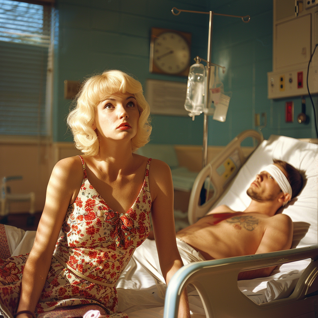 Blonde Frau, die neben einem Patienten mit einem bandagierten Kopf sitzt | Quelle: Midjourney