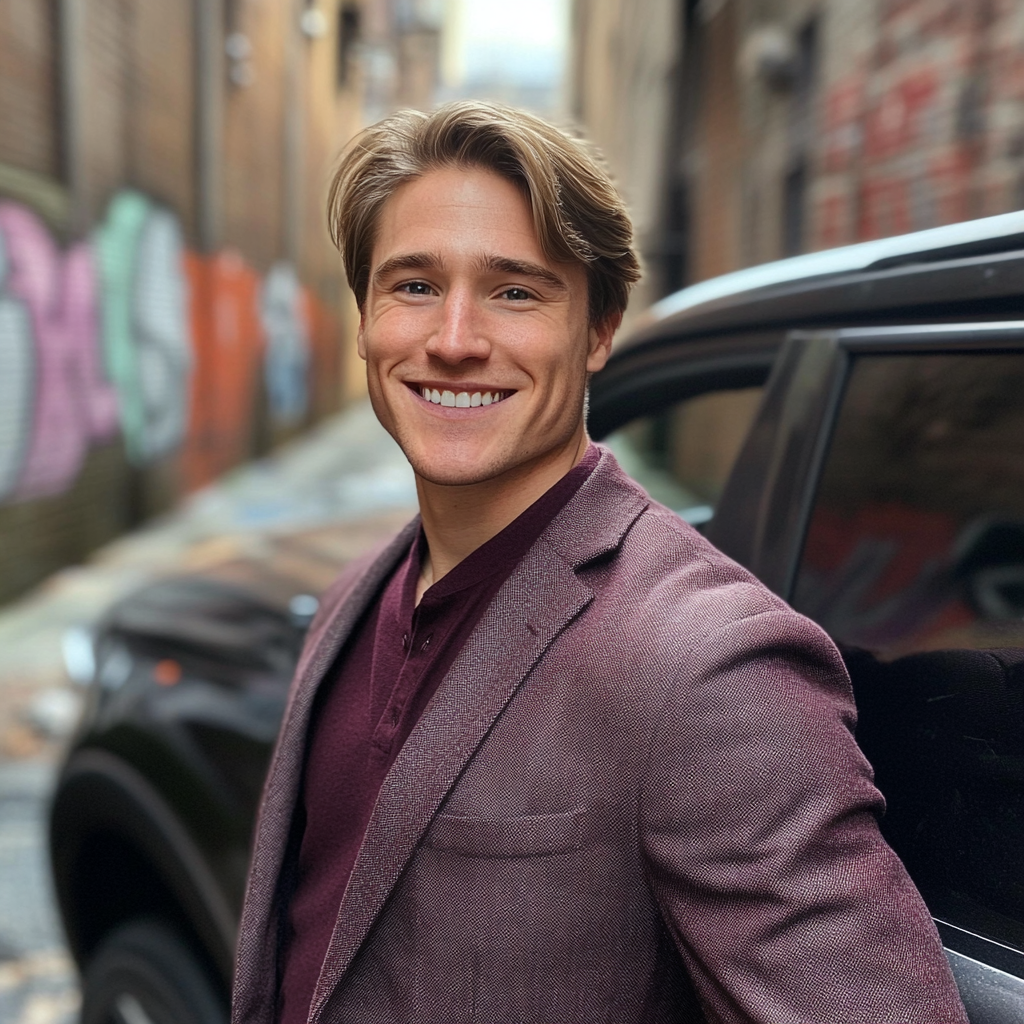 Ein lächelnder Mann, der neben einem Auto steht | Quelle: Midjourney