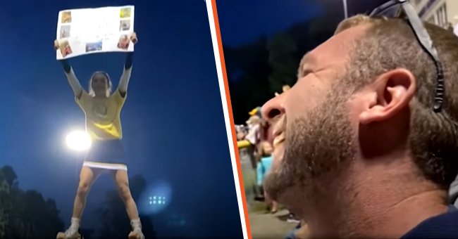 MaKayla hält in der Cheerleading Pyramide ein Schild hoch [left]; Zane Crawford lächelt, während er steht [right]. | Quelle: Facebook.com/peoplemag