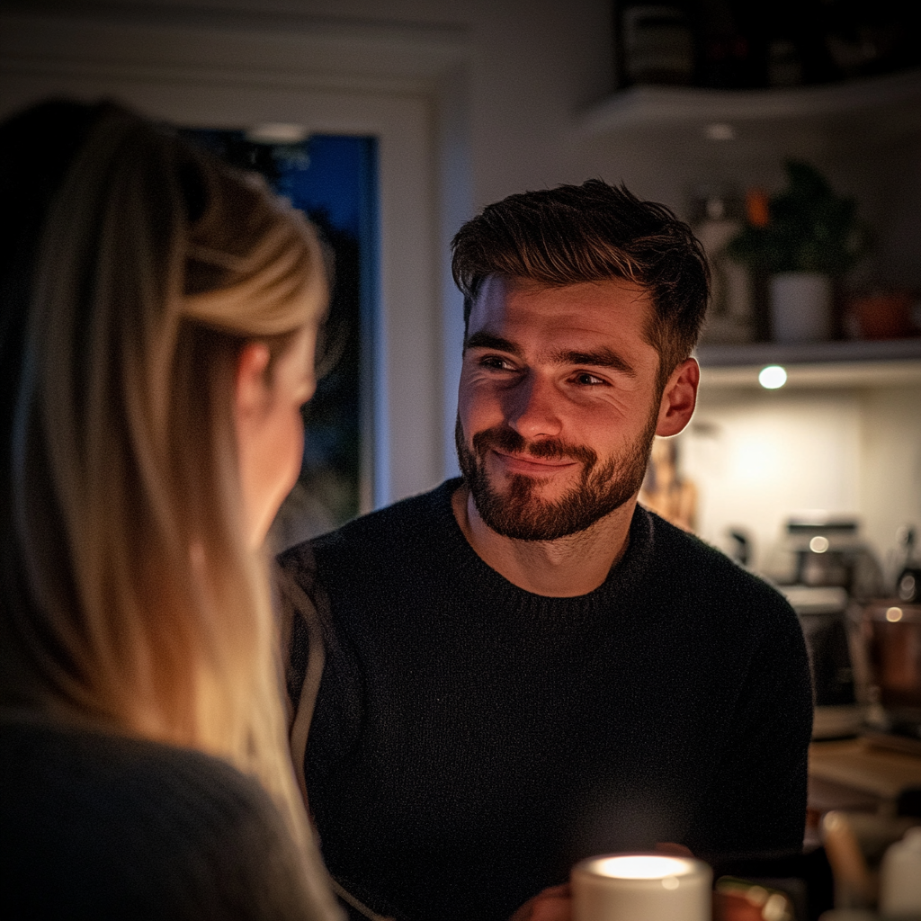 Ein Mann mit einem kleinen Lächeln im Gespräch mit seiner Frau | Quelle: Midjourney