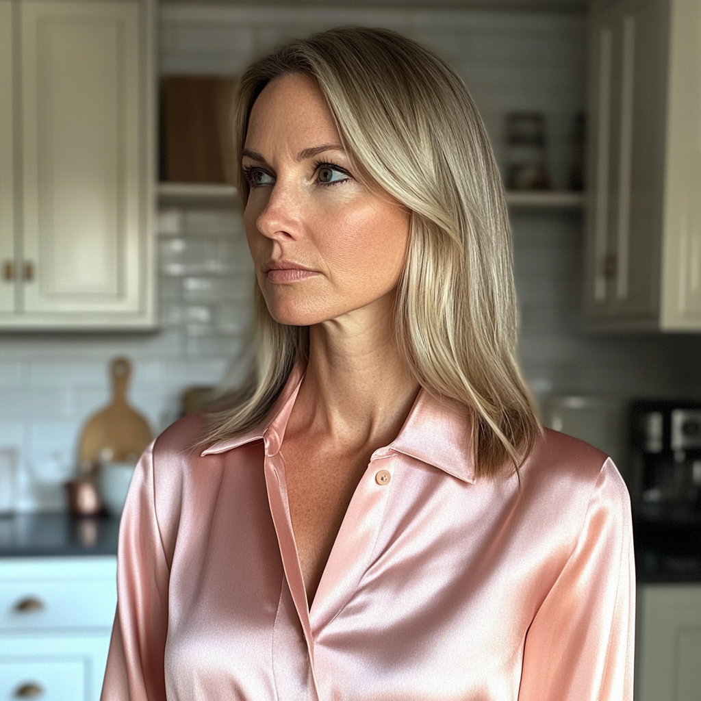 Eine streng dreinblickende Frau in einer rosa Bluse | Quelle: Midjourney