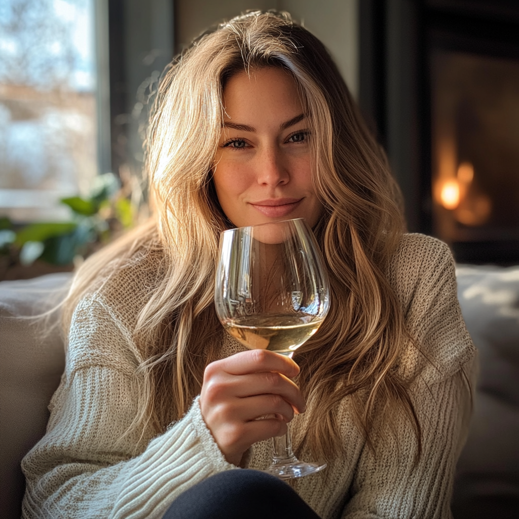 Frau entspannt zu Hause mit einem Glas Wein | Quelle: Midjourney