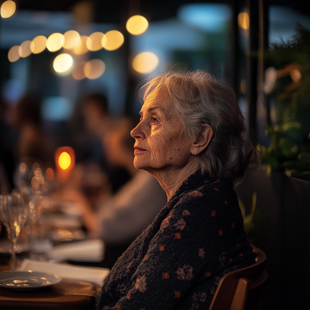 Eine ruhige ältere Frau in einem Restaurant | Quelle: Midjourney