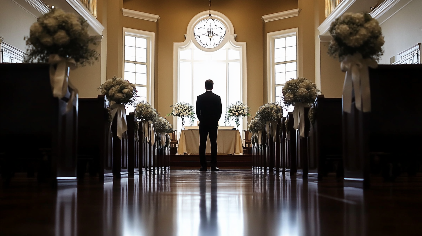 Ein Mann allein vor dem Altar | Quelle: Midjourney