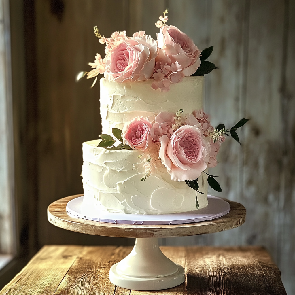 Eine Hochzeitstorte auf einem Podest | Quelle: Midjourney