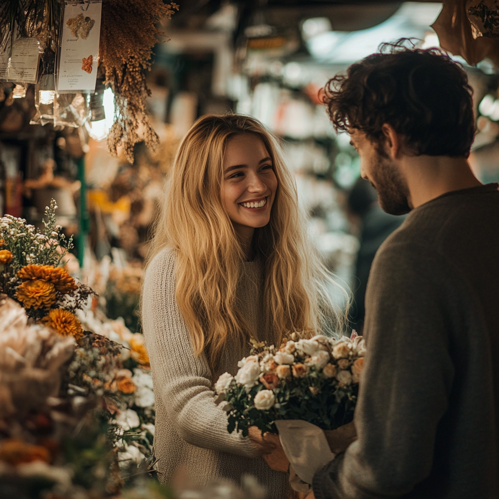 Eine Frau spricht mit einem Mann, während sie Blumen arrangiert | Quelle: Midjourney