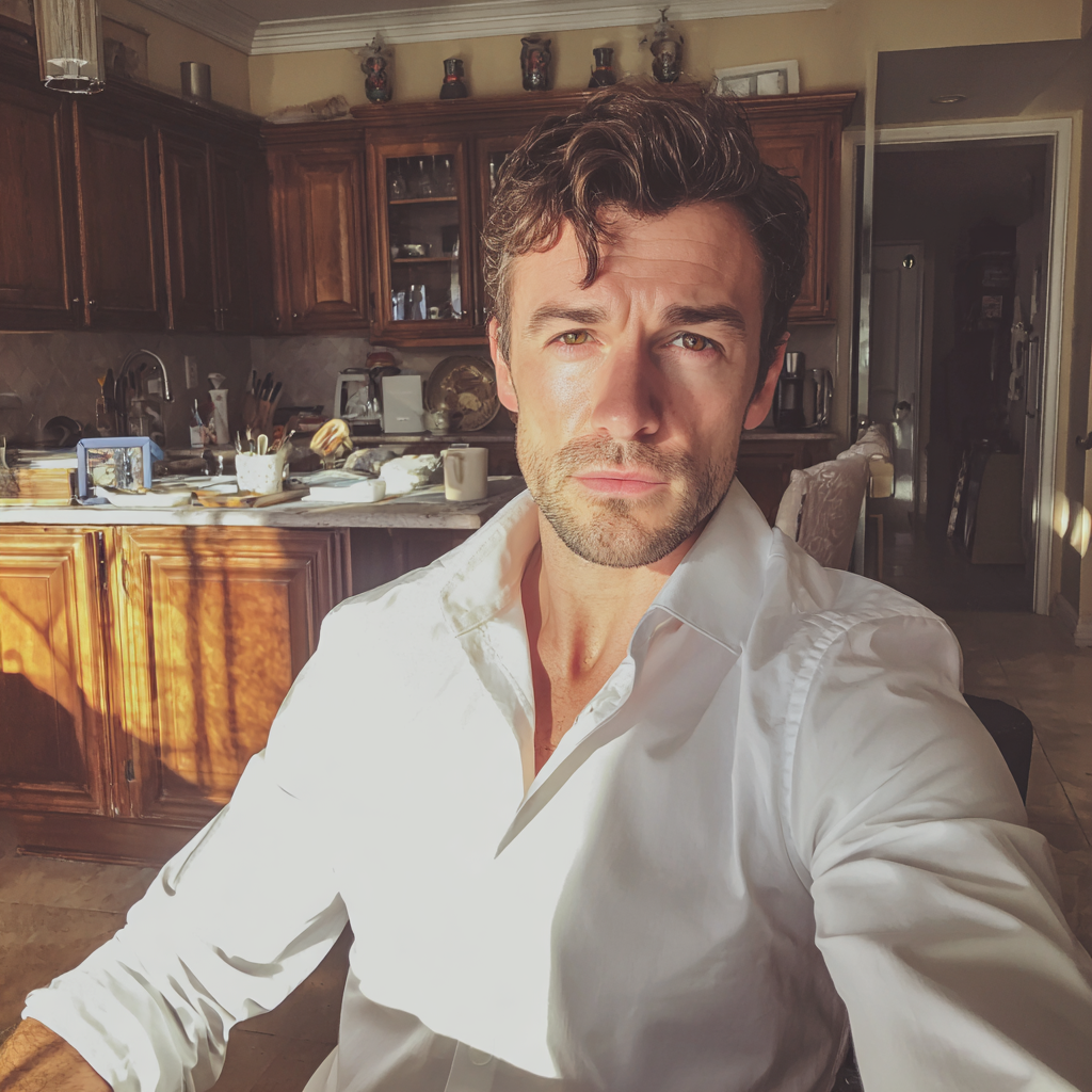 Mężczyzna siedzący przy stole w białej koszuli | Źródło: Midjourney