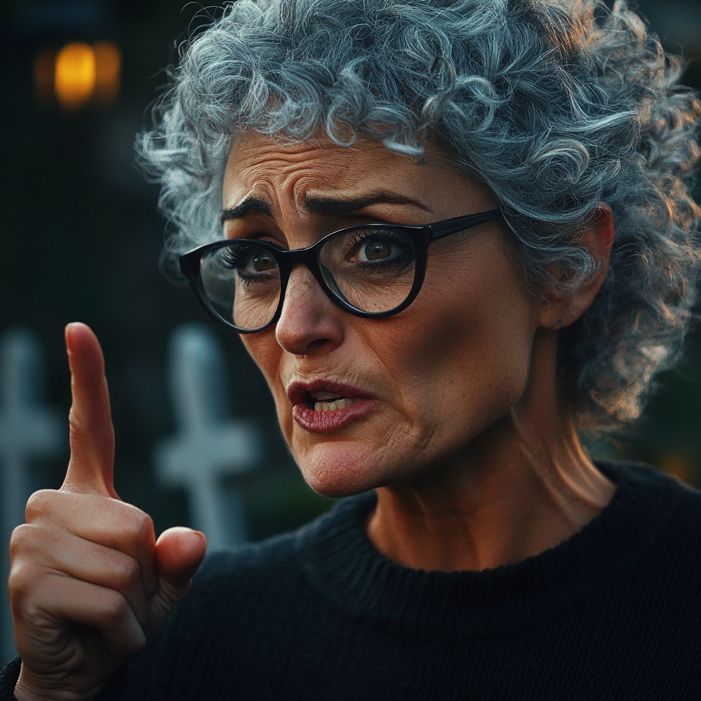 Rozzłoszczona starsza kobieta oskarżająca kogoś na cmentarzu | Źródło: Midjourney