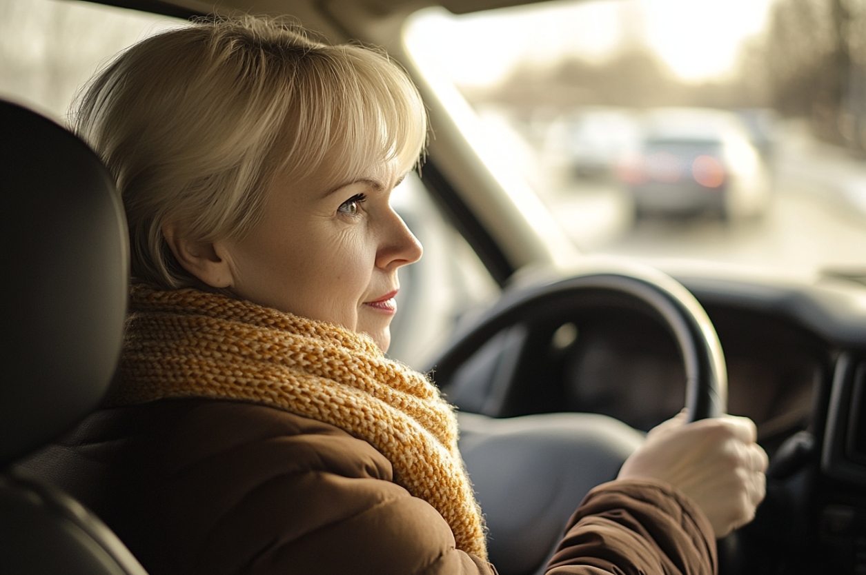 Eine Frau am Steuer eines Autos, die zur Seite schaut | Quelle: Midjourney