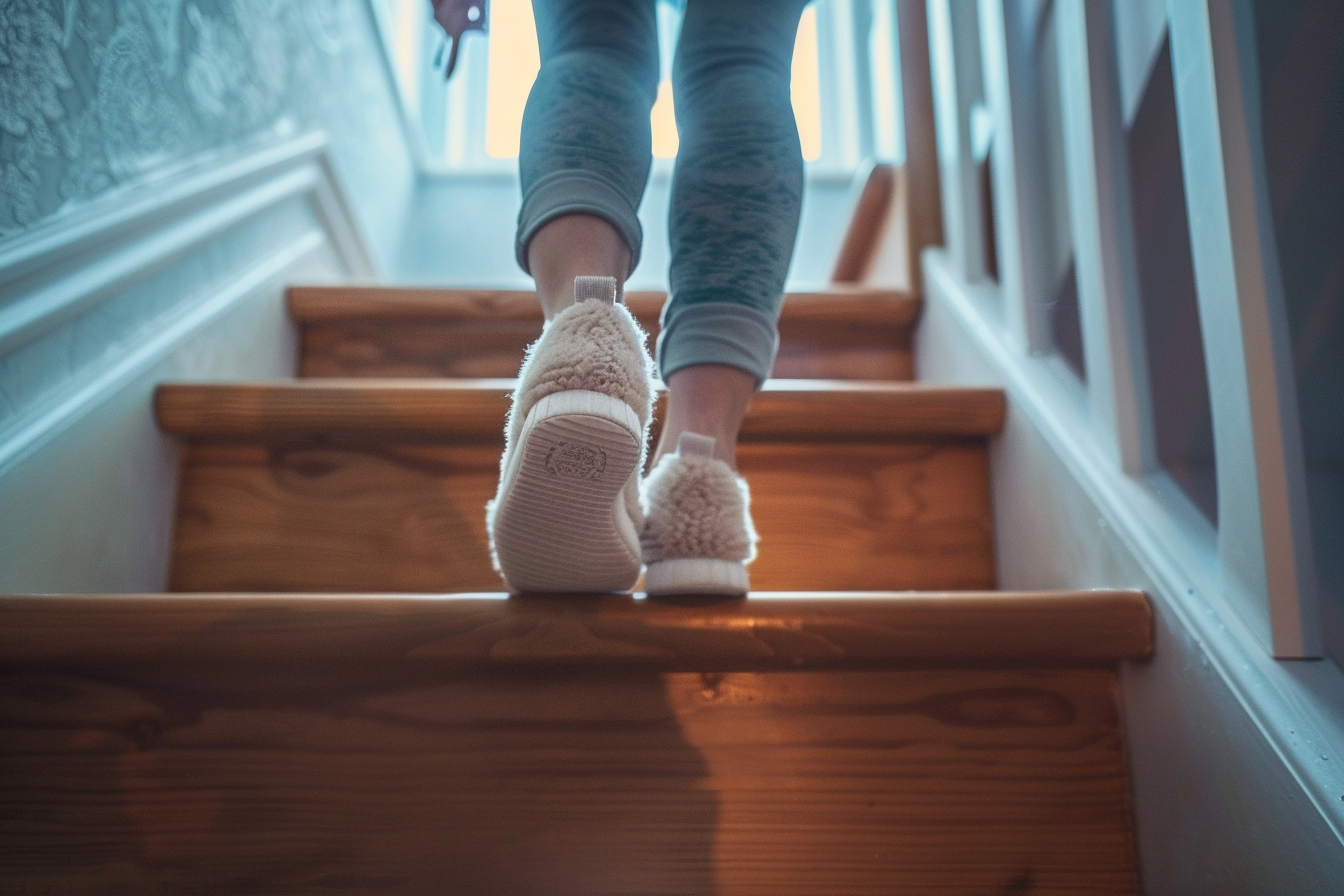 Eine Nahaufnahme der Füße einer Frau, während sie die Treppe hinaufsteigt | Quelle: Midjourney