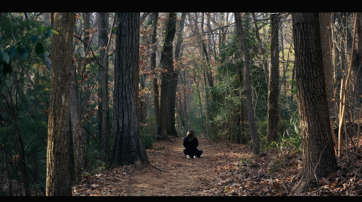 Frau sitzt allein im Wald | Quelle: Midjourney