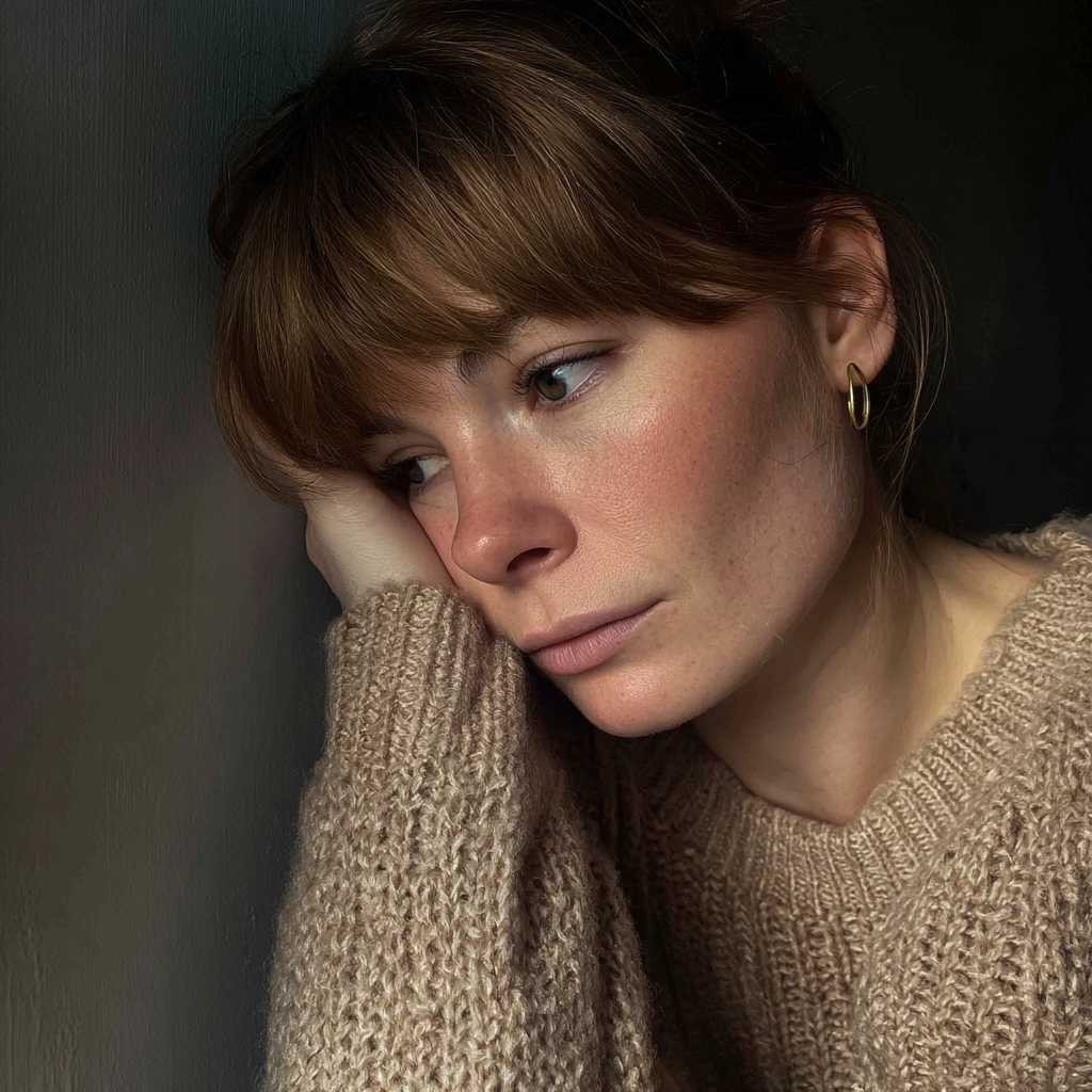 Eine kranke Frau lehnt an einer Wand | Quelle: Midjourney