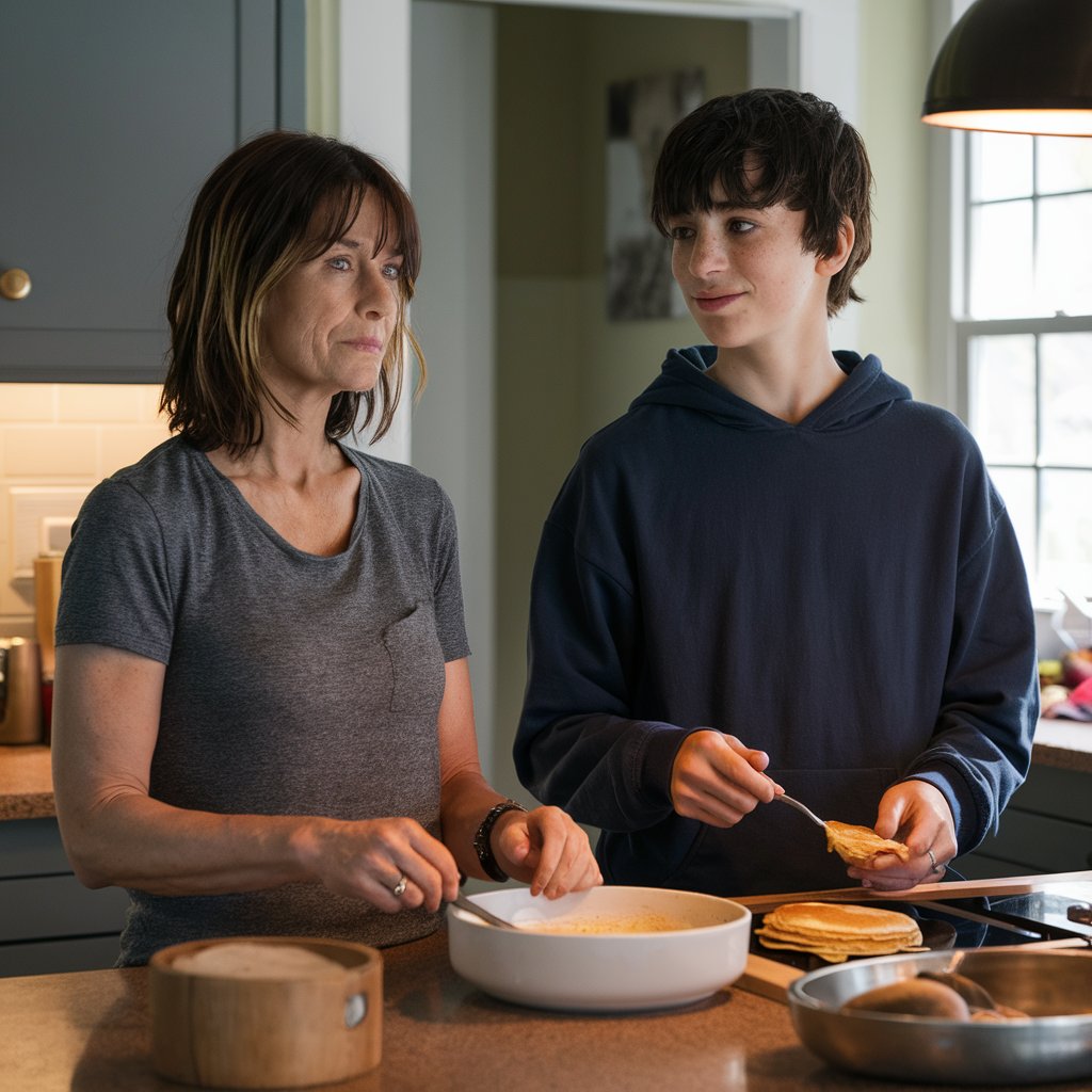 Eine Frau und ein Junge im Teenageralter backen fröhlich gemeinsam Pfannkuchen | Quelle: Midjourney