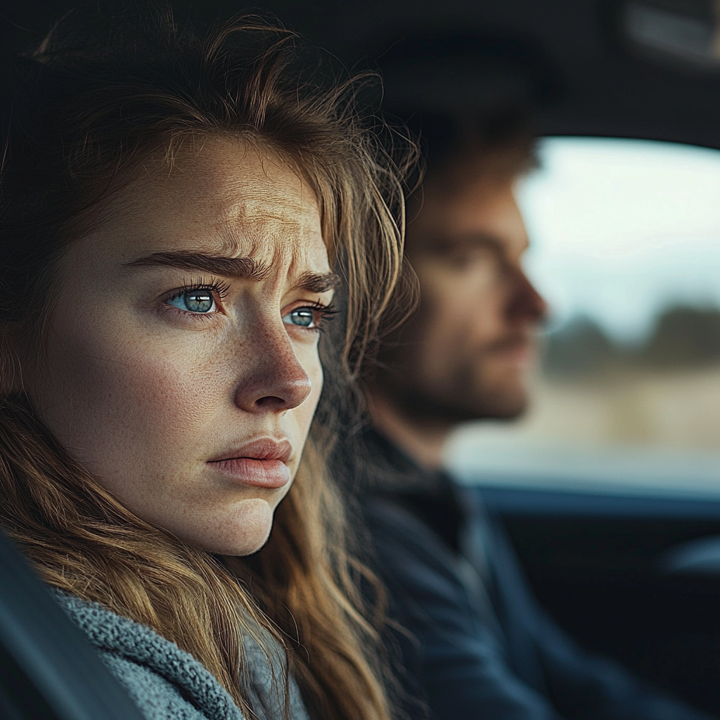 Eine traurige Frau, die aus dem Autofenster schaut | Quelle: Midjourney