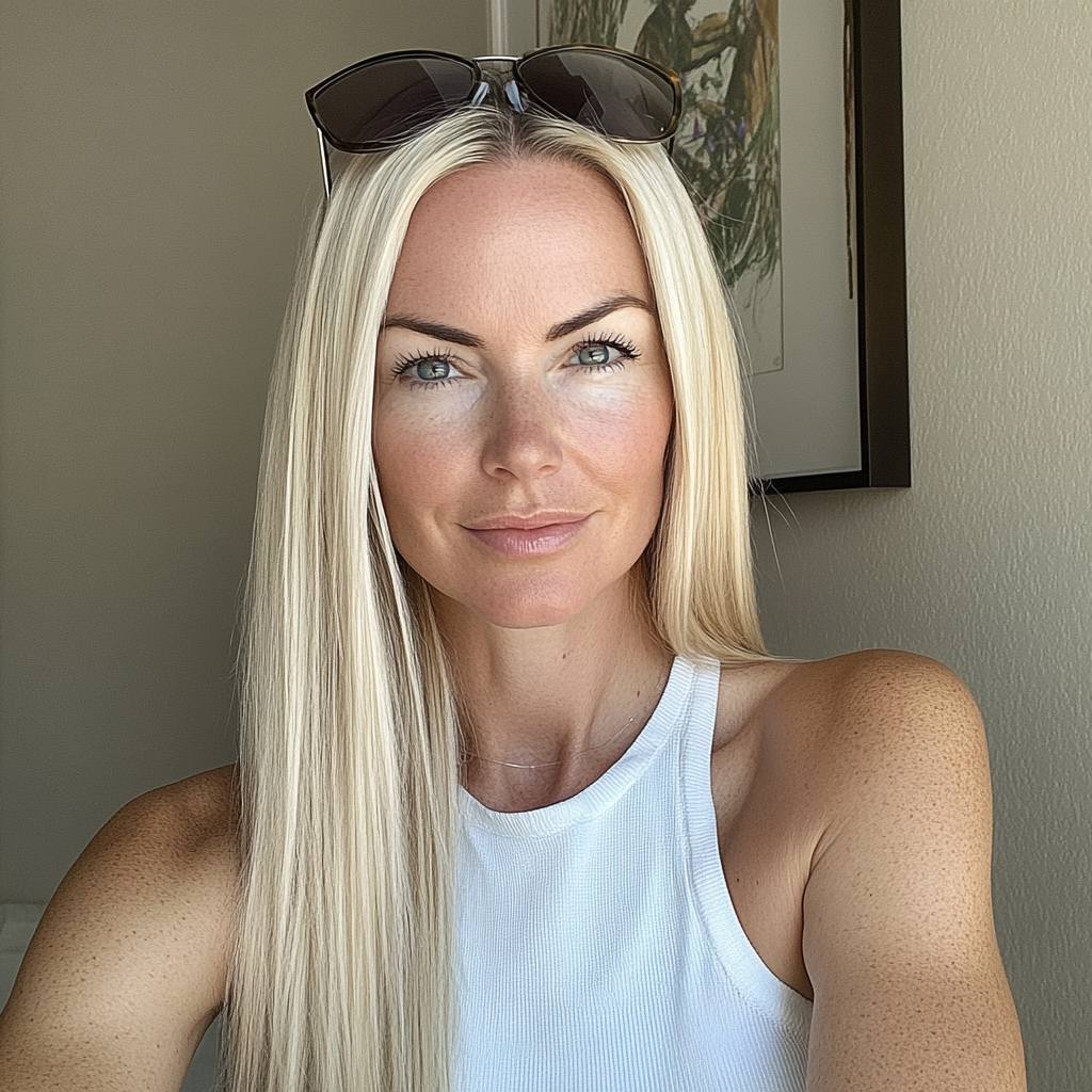 Eine blonde Frau mit Sonnenbrille auf dem Kopf | Quelle: Midjourney